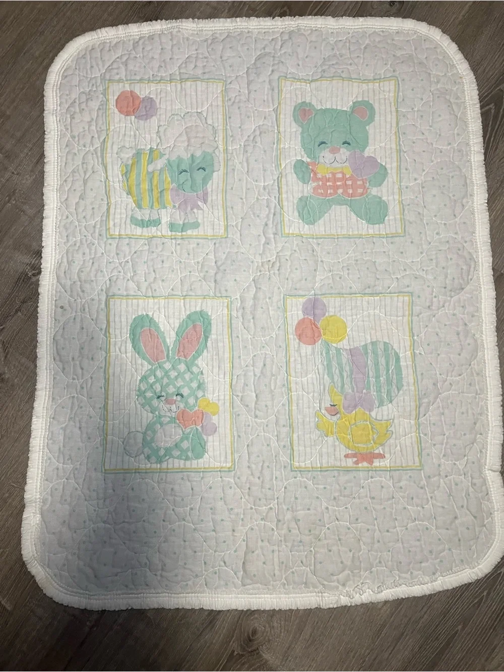 Vintage Crib Quilted Blanket & Sheet Set Teddy Bear Sheep Duck Pastel Nursery